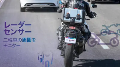後方レーダーセンサーの働きにより、ライダーは死角に入っている車両について警告を受け、車線変更を安全に行うことが可能。前方レーダーセンサーは二輪車の前方160メートル以内の距離にある移動物体を検出。アダプティブ クルーズ コントロール（ACC）と衝突予知警報の両方の機能に不可欠。